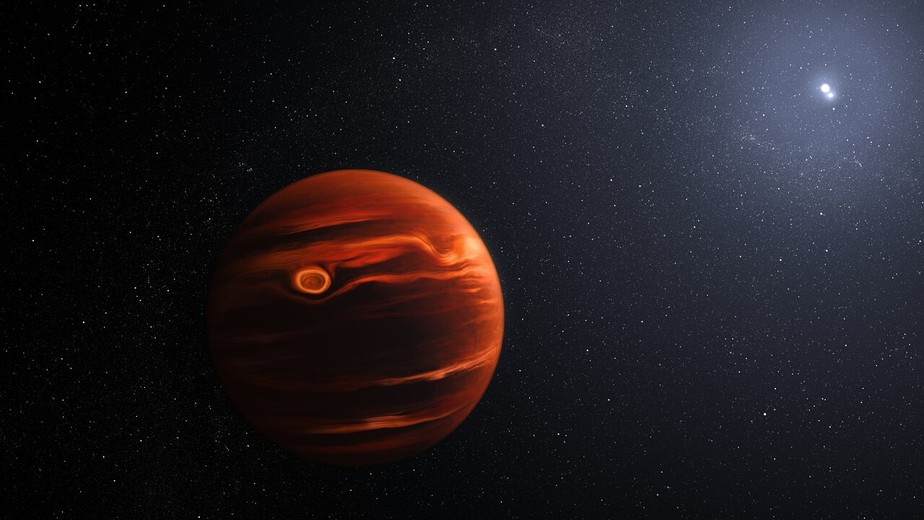 Ilustração conceitualiza as nuvens rodopiantes identificadas pelo Telescópio Espacial James Webb na atmosfera do exoplaneta VHS 1256 b