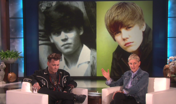 O ator Johnny Depp em foto de sua infância ao lado de registro recente de Justin Bieber (Foto: Reprodução)