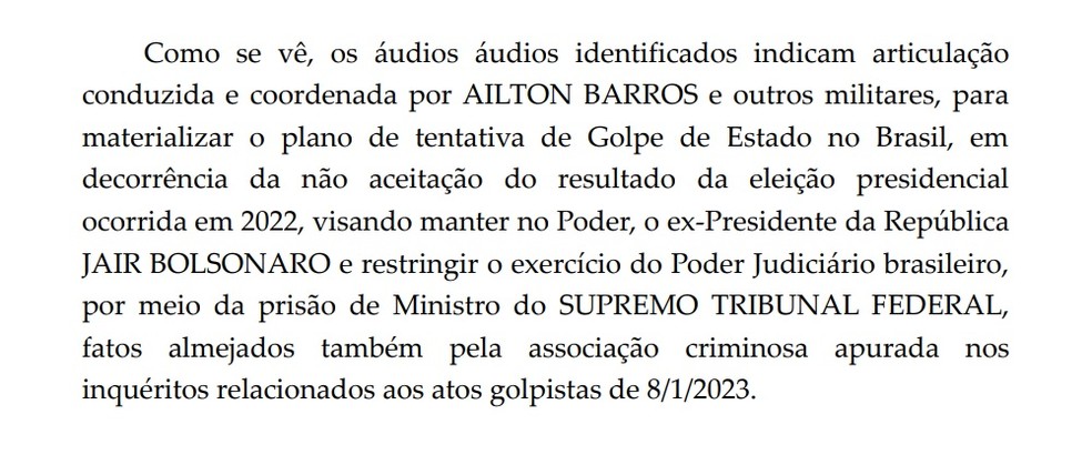 Bolsonaro investigado: documento afirma que áudios de Ailton materializam plano de tentativa de golpe de Estado — Foto: Reprodução