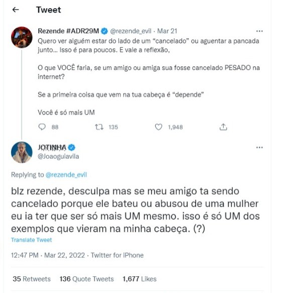 Publicações de João Guilherme e Rezende (Foto: Reprodução/Twitter)