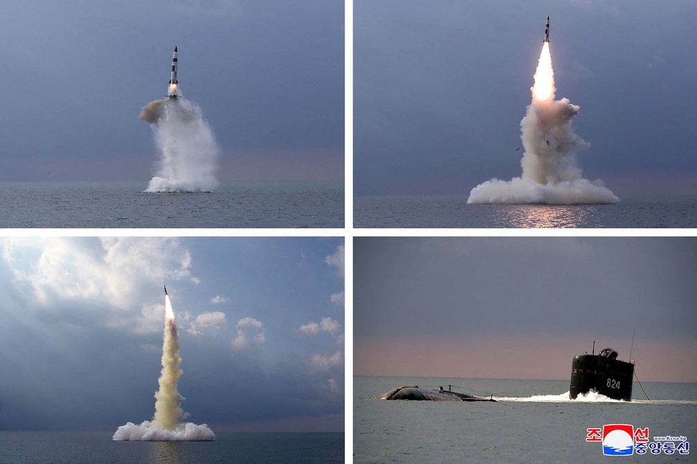 Novo míssil submarino da Coreia do Norte, em imagem divulgada nesta quarta (20) — Foto: AFP PHOTO/KCNA VIA KNS