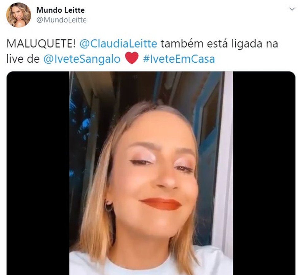 Claudia Leitte tamb�m acompanhou a live de Ivete Em casa � Foto: Reprodu��o/ Twitter