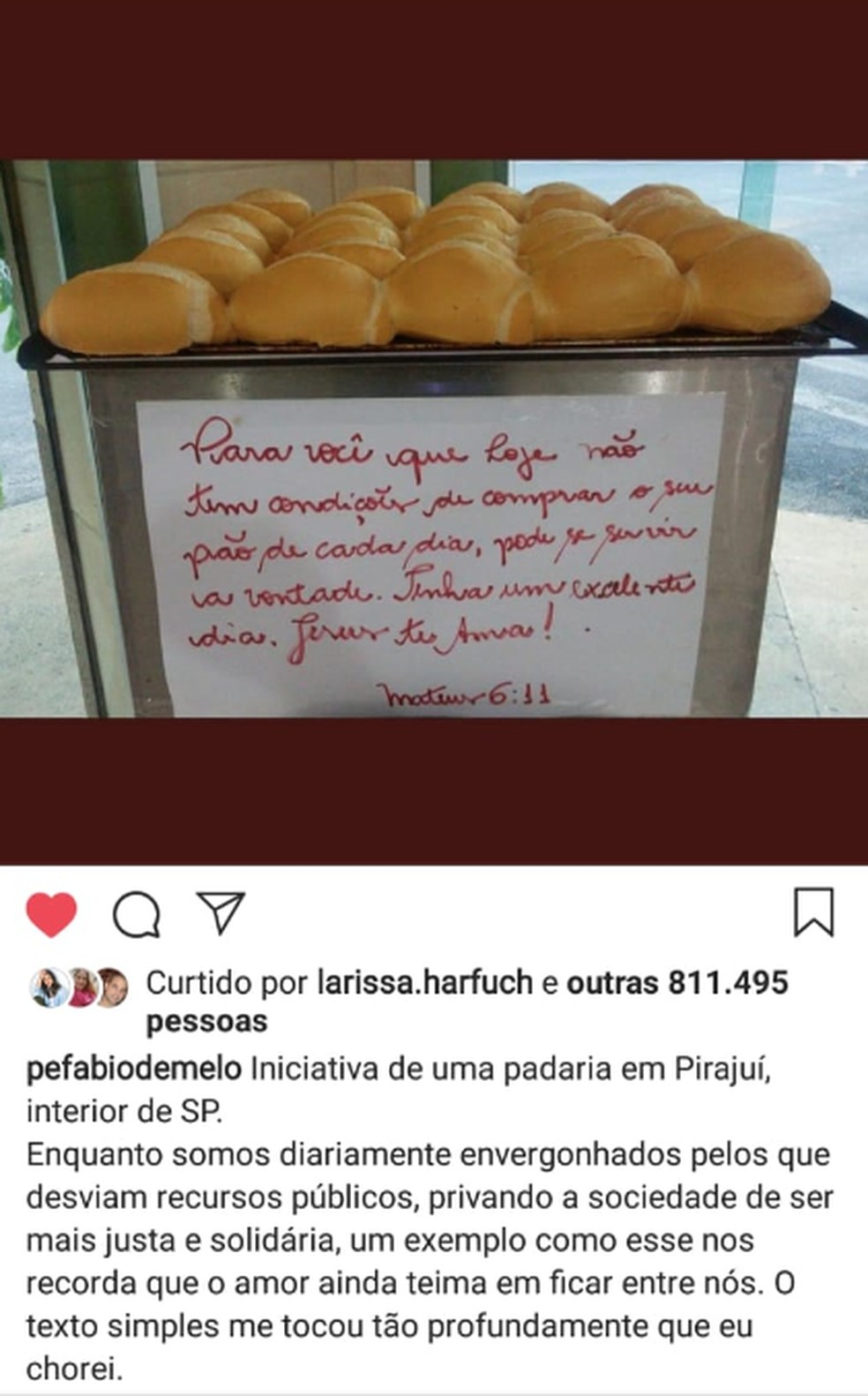 Padre Fábio de Melo postou atitude solidária em Pirajuí — Foto: Reprodução/Instagram