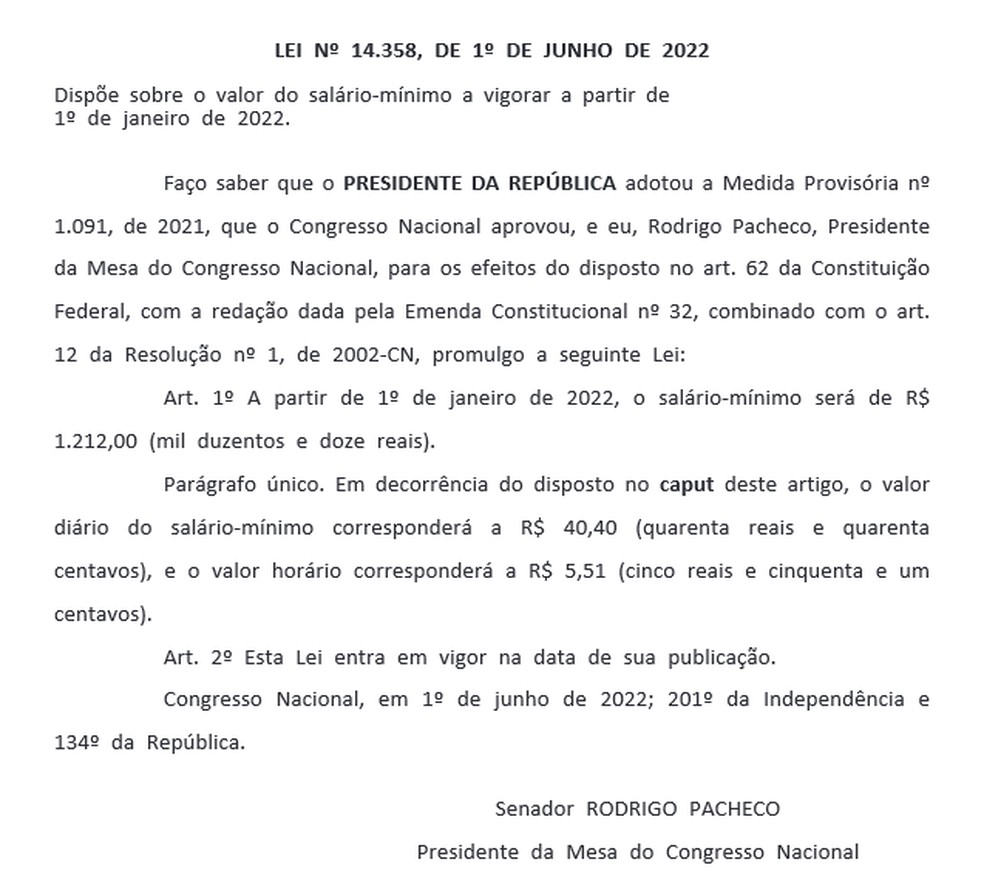 MP que fixa salário mínimo em R$ 1.212 neste ano é promulgada — Foto: Reprodução / Diário Oficial da União