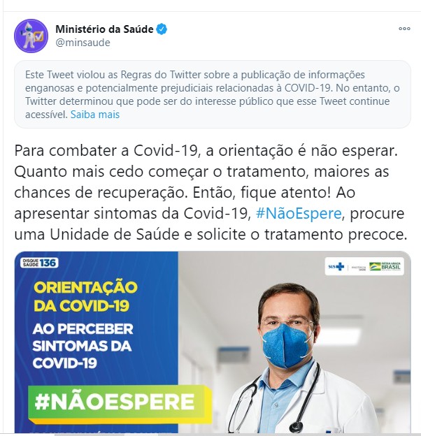 Twitter faz alerta em post do Ministério da Saúde de informação enganosa thumbnail