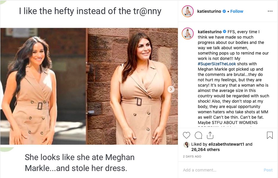 O desabafo feito pela blogueira Katie Sturino por conta das críticas feitas por suas montagens reproduzindo os looks de Meghan Markle (Foto: Instagram)