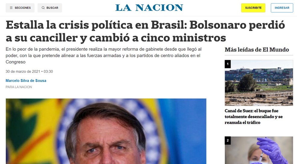 La Nación: imprensa internacional noticia reforma ministerial de Bolsonaro — Foto: Reprodução/La Nación
