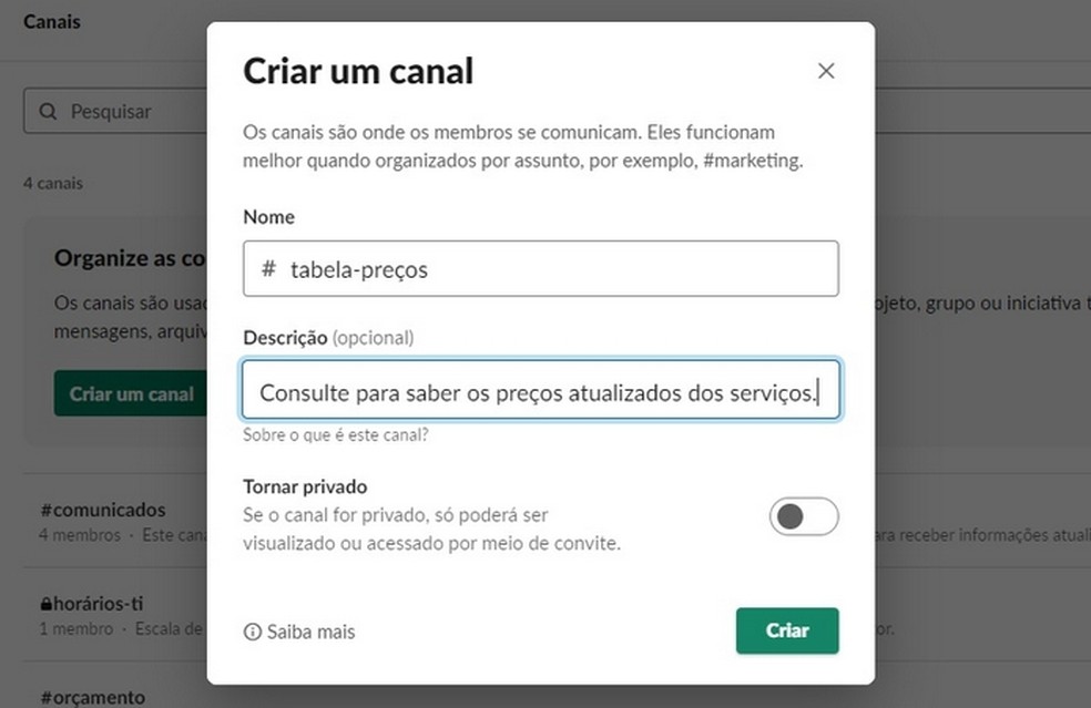 Canais públicos do Slack facilitam a comunicação com colaboradores externos — Foto: Reprodução/Raquel Freire