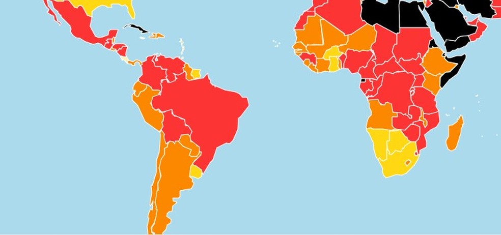 Mapa do Ranking de Liberdade de Imprensa mostra que o Brasil ficou em zona vermelha da classificação — Foto: Reprodução