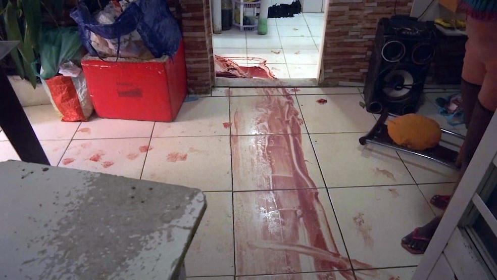 Rastro de sangue em casa no Jacarezinho — Foto: Reprodução/TV Globo