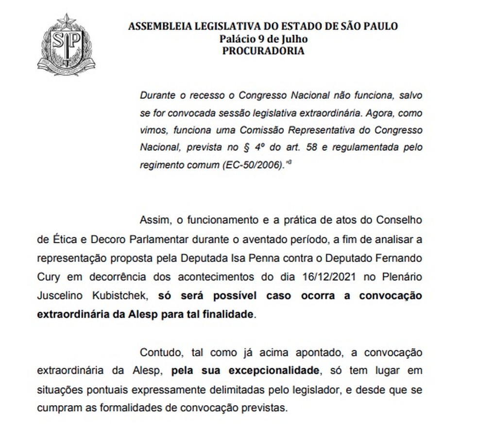 Parecer da Procuradoria da Alesp sobre o caso envolvendo o deputado Fernando Cury (Solidariedade). — Foto: Reprodução