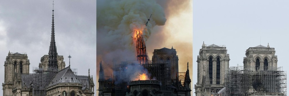 Imagens da Catedral de Notre-Dame antes e depois do incÃªndio desta segunda (15). â Foto: Olivier Morin/Bertrand Guay/Geoffroy van der Hasselt/AFP