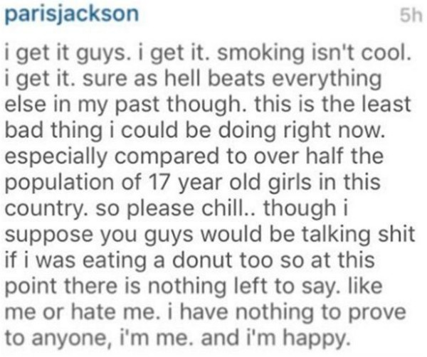 A resposta de Paris Jackson às críticas por ter sido vista fumando (Foto: Instagram)