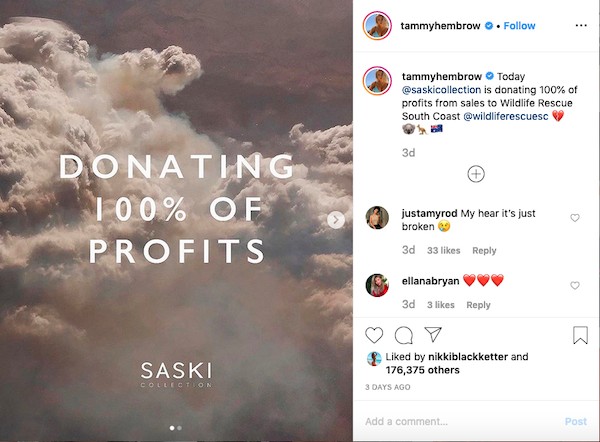 O post feito pela modelo australiana Tammy Hembrow substituindo a foto sexy que havia compartilhado pedindo doações para o combate aos incêndios na Austrália (Foto: Instagram)