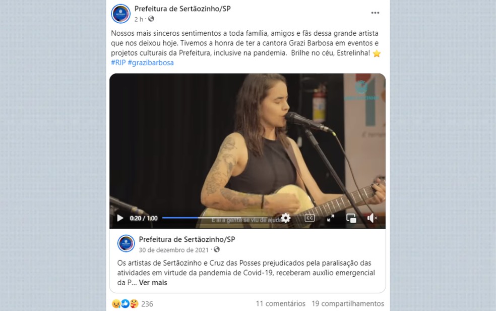 Prefeitura de Sertãozinho homenageou Grazi Barbosa em post em uma rede social nesta sexta-feira (21) — Foto: Reprodução/Redes sociais