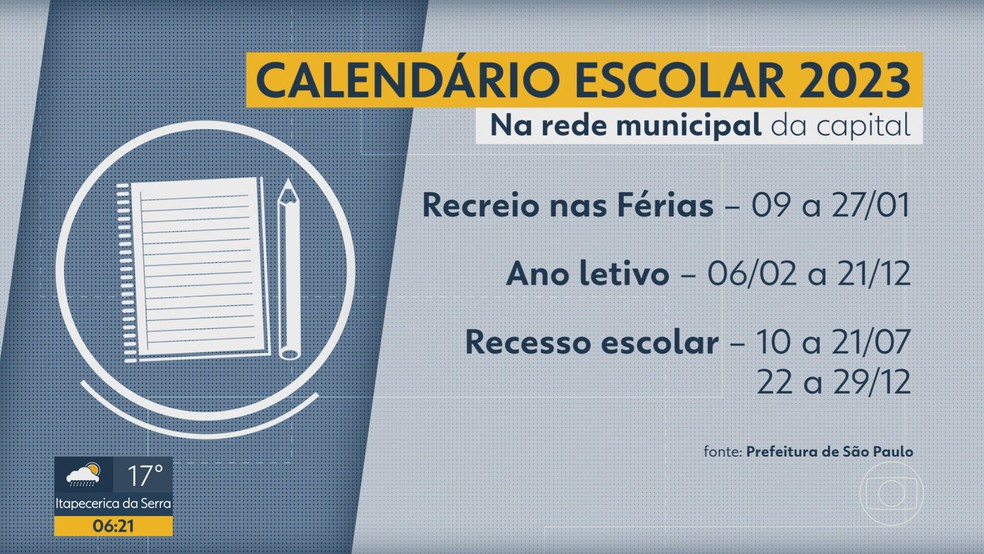 Calendário escolar de 2023 na rede municipal de ensino da cidade de São Paulo. — Foto: Reprodução/TV Globo
