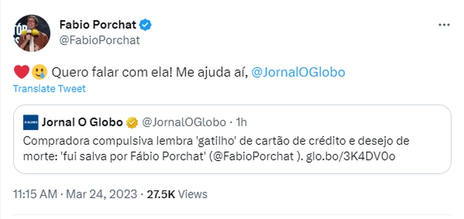Fabio Porchat se sensibilizou com a história de personagem revelada pelo GLOBO