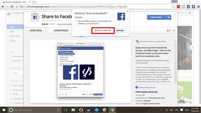 Usuário deve confirmar a instalação do Share to Facebook no Chrome (Foto: Reprodução/Elson de Souza)