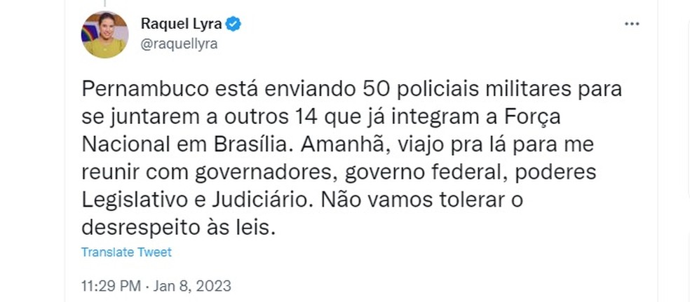 A governadora de PE, Raquel Lyra (PSDB), anunciou envio de policiais militares para Brasília — Foto: Reprodução/Twitter