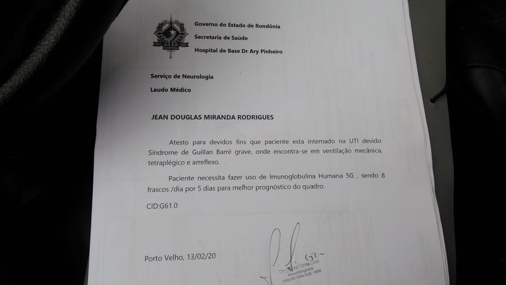 Documento mostra prescrição para tratamento da síndrome, em RO — Foto: Facebook/Reprodução