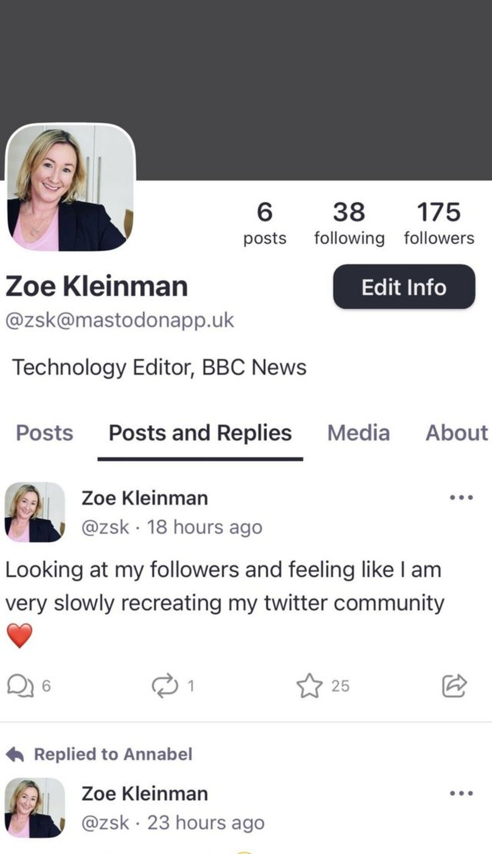 O perfil de Zoe Kleinman, editora de Tecnologia da BBC, no Mastodon — Foto: Reprodução