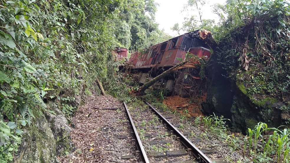 Deslizamento atingiu trem de carga no Norte de SC — Foto: Redes sociais/ Reprodução