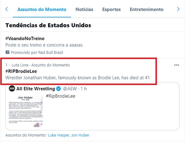 Morte do lutador Brodie Lee se torna assunto mais comentado nos EUA via Twitter (Foto: Reprodução/Twitter)