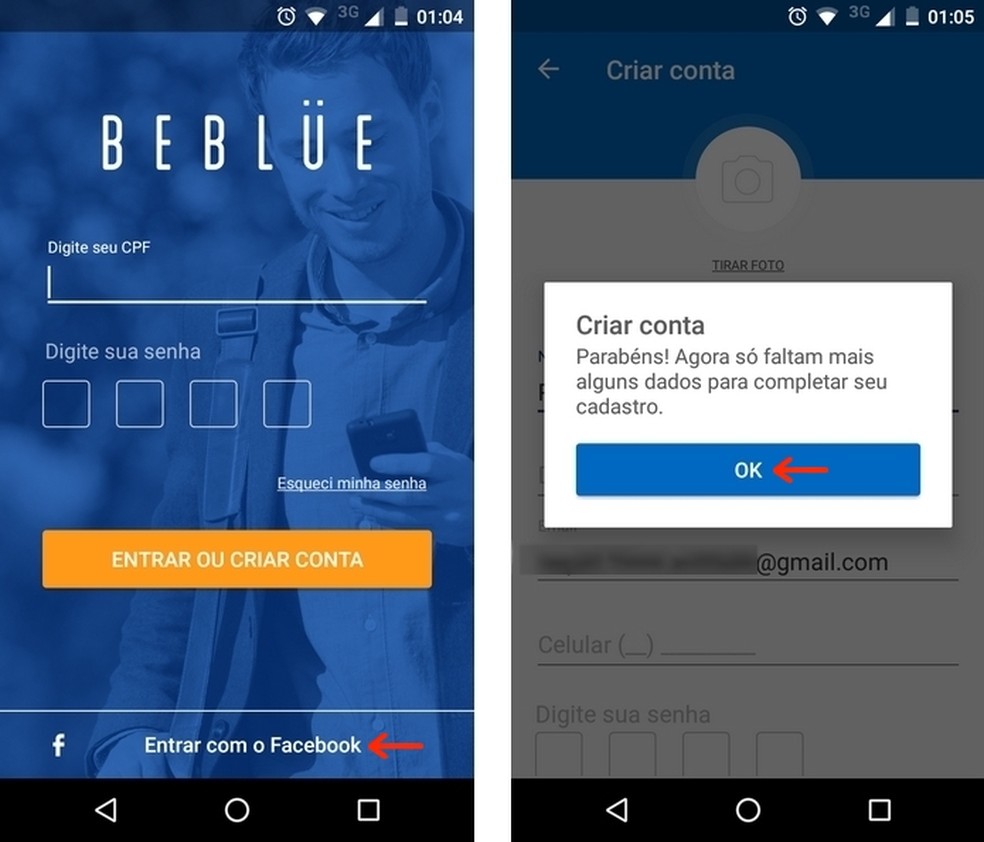 Realização de login no Beblue com conta do Facebook — Foto: Reprodução/Raquel Freire