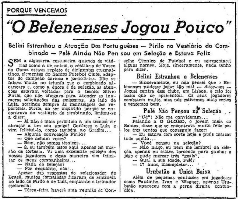 Pel no pensava em Seleo ainda, aps derrotar o Belenenses com a camisa do Vasco  Foto: Acervo "Jornal O Globo"