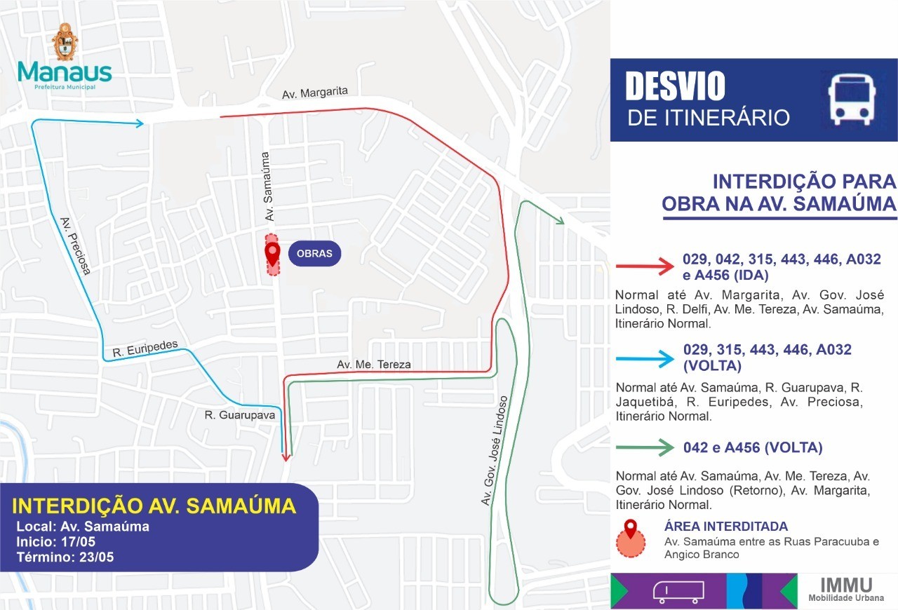 Linhas de ônibus terão itinerários alterados para obras de drenagem na Avenida Margarita em Manaus