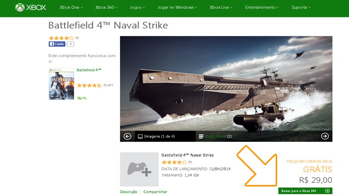 Battlefield 4: Naval Strike está gratuito no Xbox 360, mas não no Xbox One (Foto: Reprodução/Rafael Monteiro)