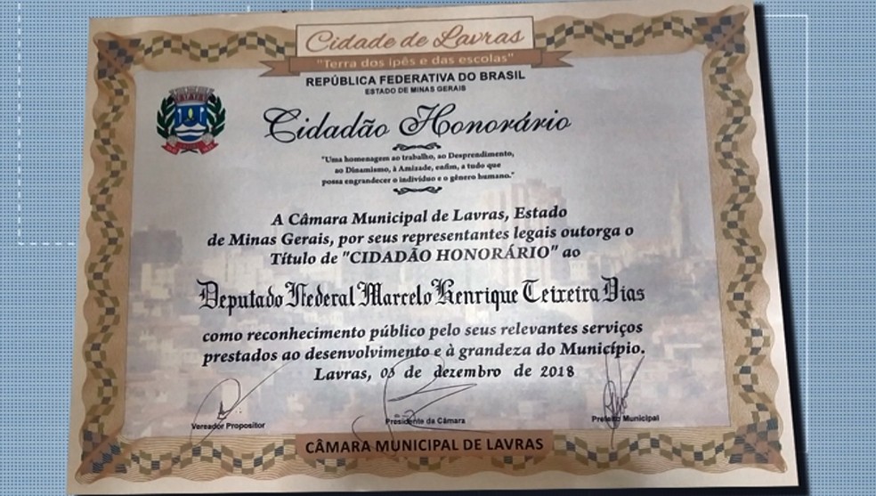 Vereador de Lavras suspende título de cidadão honorário de ministro suspeito de irregularidades — Foto: Reprodução EPTV