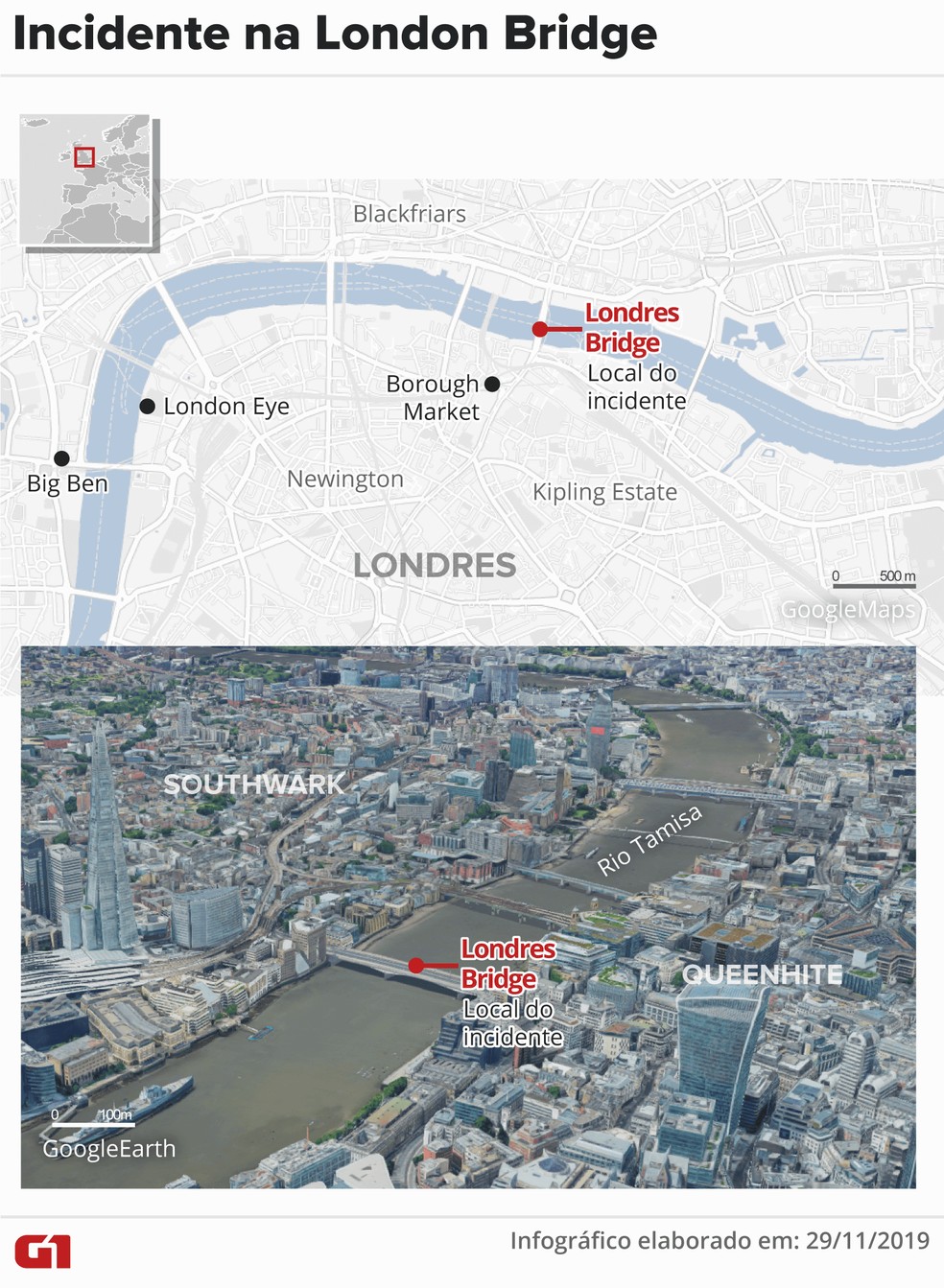 Mapa mostra local do incidente na London Bridge — Foto: Juliane Souza/G1