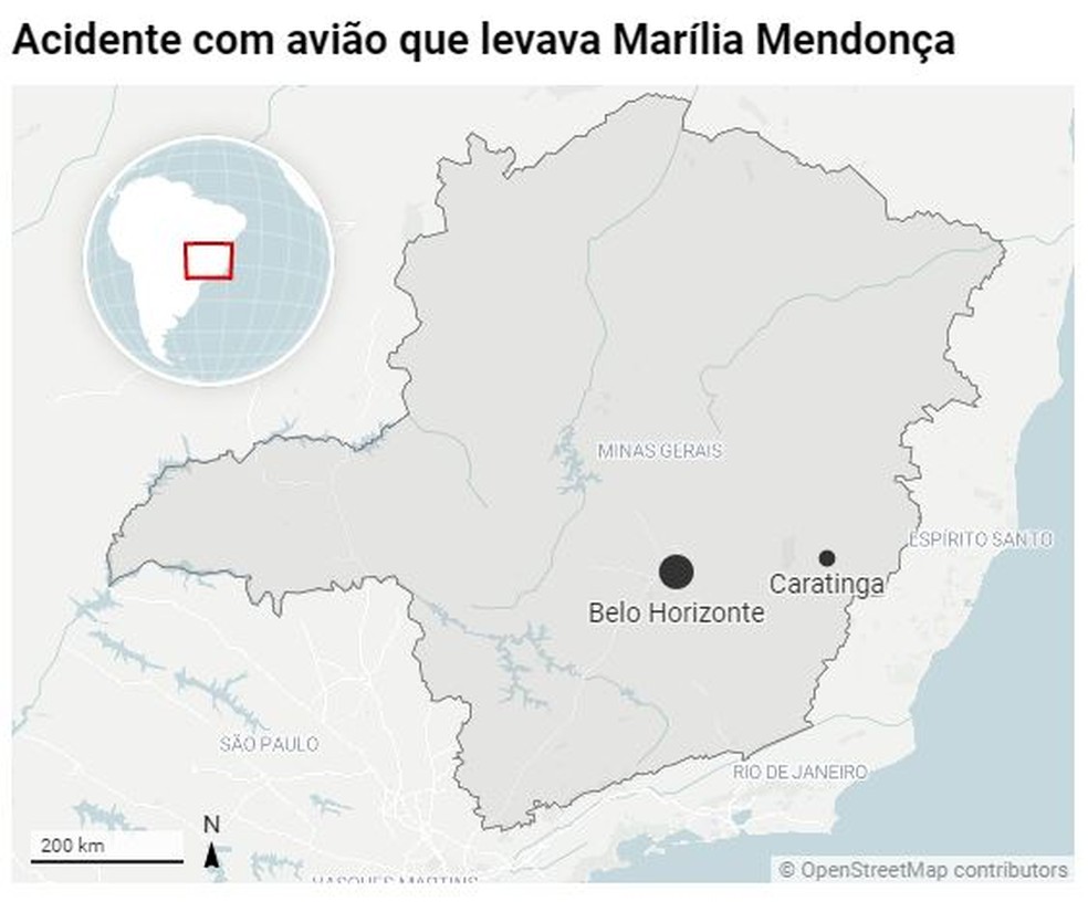 Mapa mostra localização de Caratinga, onde caiu avião com Marília Mendonça — Foto: G1