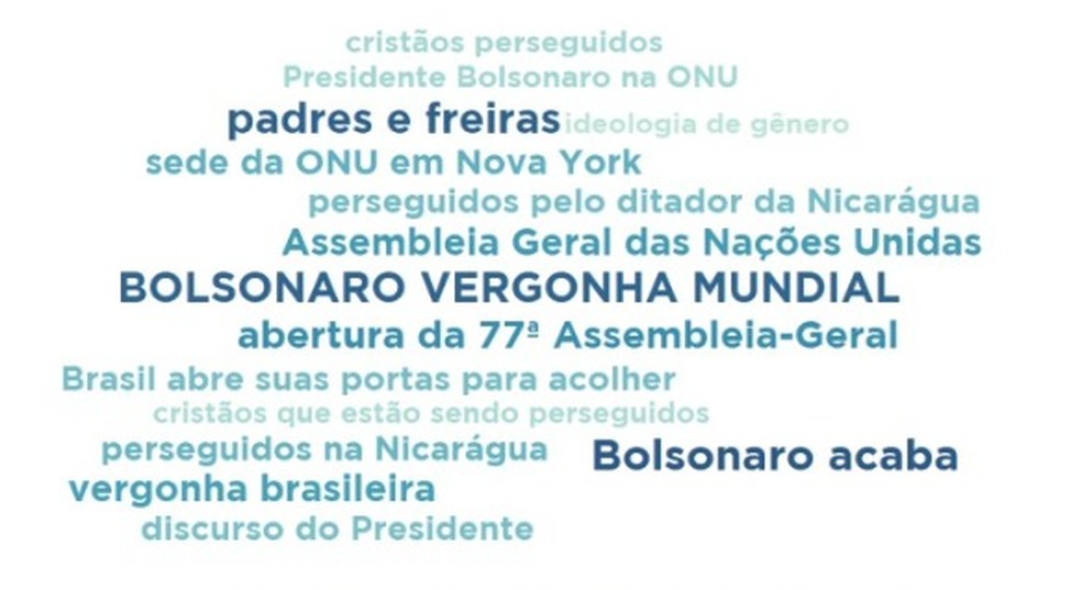 Nuvem de palavras sobre repercussÃ£o do discurso do Bolsonaro na ONU â Foto: Escola de ComunicaÃ§Ã£o Digital da FGV 