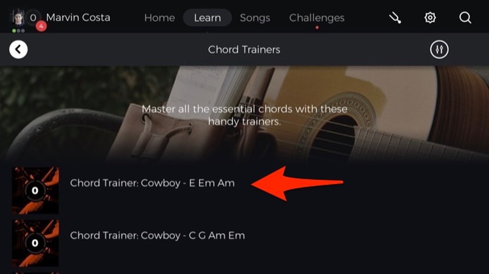 Ação para escolher uma aula de acordes no aplicativo Yousician — Foto: Reprodução/Marvin Costa