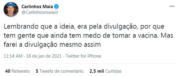 Post de Carlinhos Maia no Twitter (Foto: Reprodução/ Twitter)