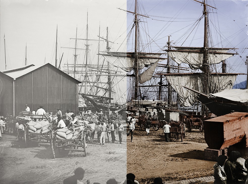 Porto de Santos: Embarque de café no Cais do Valongo em 1889, antes e depois da colorização — Foto: Divulgação/Marc Ferrez