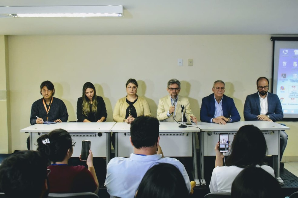 Sesap e SMS em entrevista coletiva nesta sexta (13) sobre o 1º caso de coronavírus no RN — Foto: Pedro Vitorino/Cedida