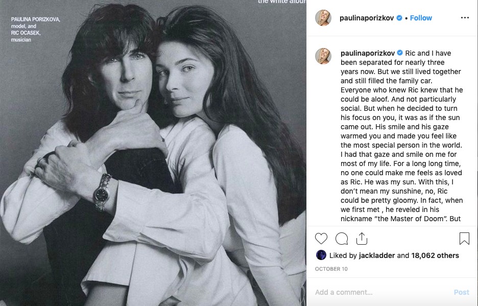 Um post recente de Paulina Porizkova lamentando a morte de Ric Ocasek (Foto: Instagram)