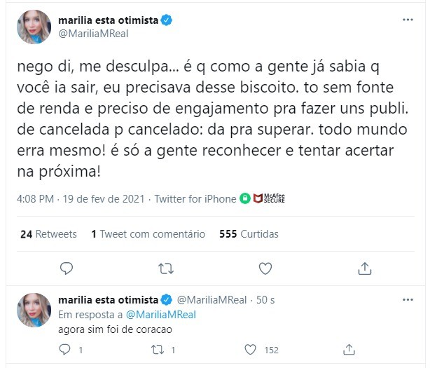 Marilia Mendonça pede desculpas a Nego Di (Foto: Reprodução/Twitter)