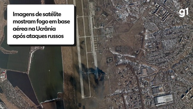Imagens de satélite mostram fogo após ataques russos na base aérea de Chuhuiv, na Ucrânia