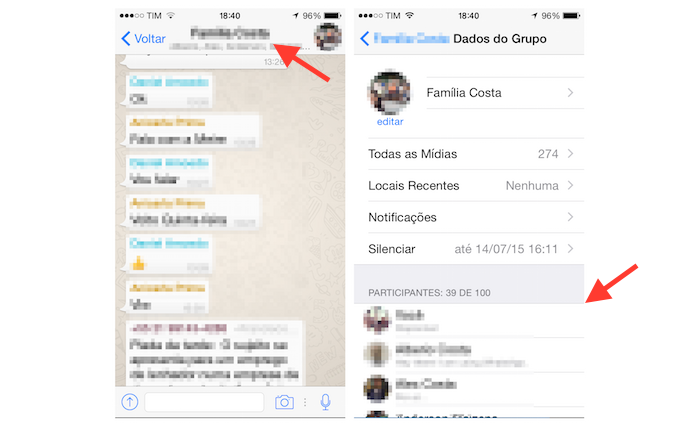 Acessando as configurações de um grupo do WhatsApp para iPhone (Foto: Reprodução/Marvin Costa)