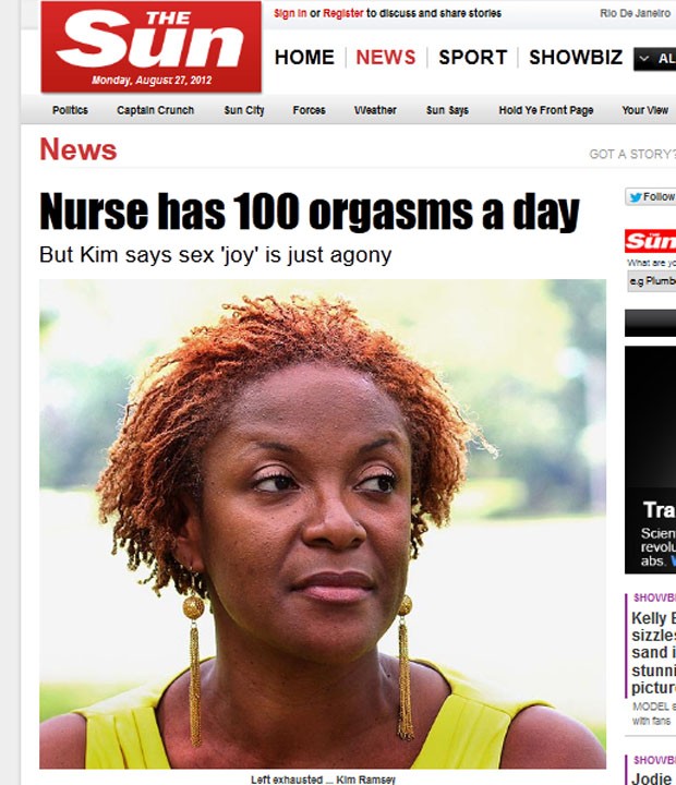 Enfermeira Kim Ramsey, de 44 anos, chega a ter cem orgasmos por dia; problema causa dores, diz ela (Foto: Reprodução/"The Sun")