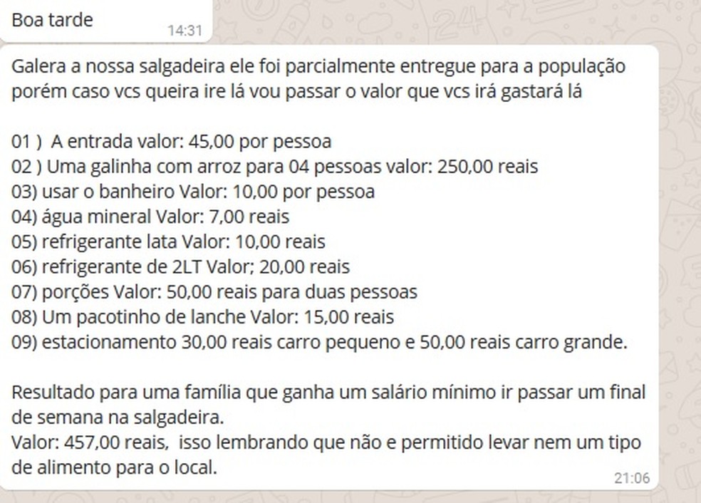 Mensagem que circula em grupos de WhatsApp é falsa (Foto: Reprodução)