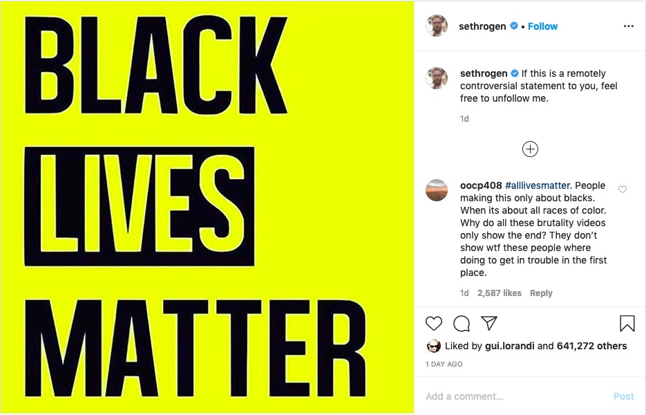 O post do ator Seth Rogen em solidariedade ao movimento Black Lives Matters (Foto: Instagram)