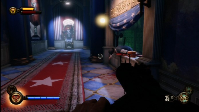 Bioshock Infinite: há um gravador dentro da cabine de bilhetes com o atendente morto (Foto: Reprodução/IGN)