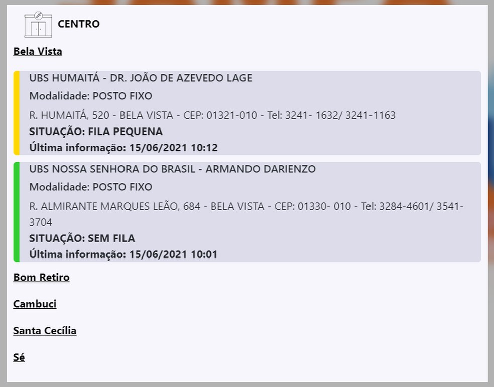 "Filômetro": ao selecionar uma STS (Supervisão Técnica de Saúde) é possível ver todos os Postos Fixos de vacinação presentes na região — Foto: Reprodução/ Prefeitura de SP