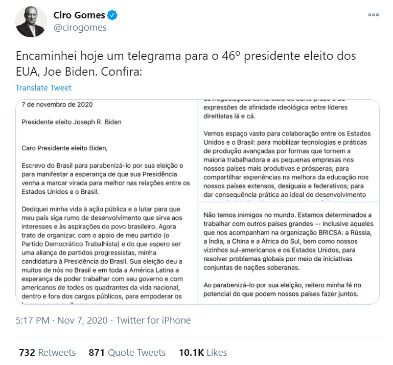 Ciro Gomes manda telegrama a Biden e vira meme na web GQ Noticias