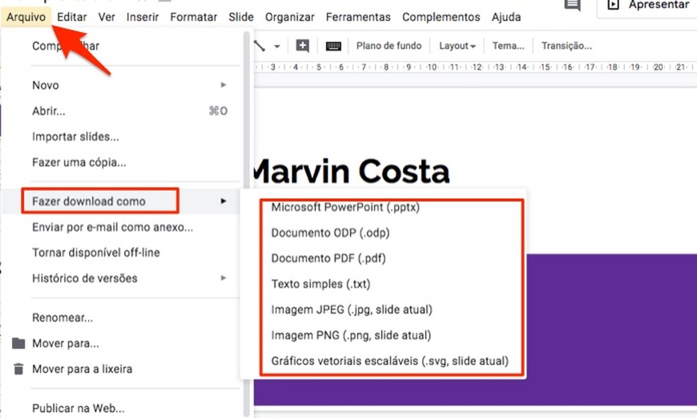 Ação para baixar uma apresentação profissional criada com o Google Forms — Foto: Reprodução/Marvin Costa